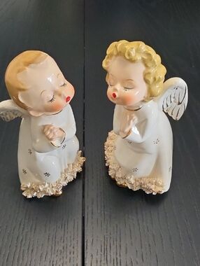 VIntage Japanese Arnart Porcelain Angel Figurines with Gold Accents S/2